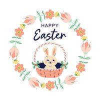 Happy Easter Round banner with hare in basket and flower frame. Design with text for discount. Happy Easter hand drawn card. Flat illustration with partial outline. illustration. vector