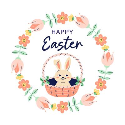 Happy Easter Round banner with hare in basket and flower frame. Design with text for discount. Happy Easter hand drawn card. Flat illustration with partial outline. illustration.