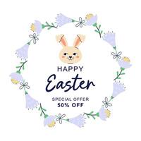 Happy Easter Round banner with hare and flower frame. Design with text for discount. Happy Easter hand drawn card. Flat illustration with partial outline. illustration. vector