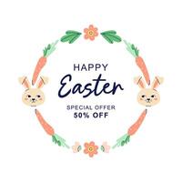Happy Easter Round frame with hares, carrot and flowers. Design with text for discount. Happy Easter hand drawn card. Flat illustration with partial outline. illustration. vector