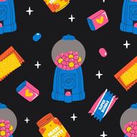 Chewing gum seamless pattern. 80s, 90s, retro style, nostalgic elements. background in vintage style on black background. vector