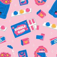 Colorful bubble gum seamless pattern. Retro style elements backdrop. Vintage background on pink background. vector