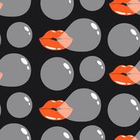 Mouth blowing bubble gum seamless pattern. Vintage nostalgia for design and print on black background. Cute print. Trendy wrapping paper. vector