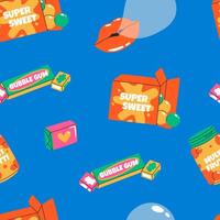 Cartoon bubble gum seamless pattern. Chewing candy in 80s, 90s, retro style. Hand drawn background in vintage style. vector