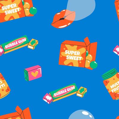Cartoon bubble gum seamless pattern. Chewing candy in 80s, 90s, retro style. Hand drawn background in vintage style.
