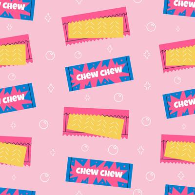 Bubble Gum seamless pattern. Decorative repeat background with chewing gum. Flat illustration.