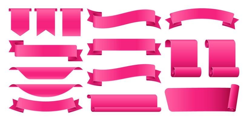 Pink tag collection featuring sale and new labels. Includes red scrolls, banners, discount ribbons, shopping tags, and promotional icons.