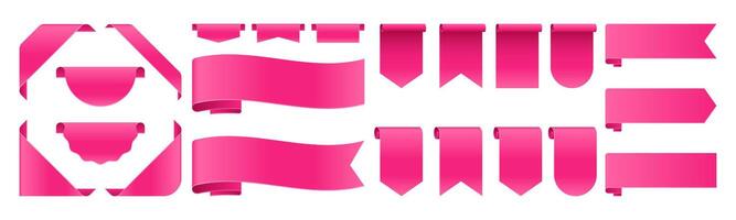 Pink tag collection featuring sale and new labels. Includes red scrolls, banners, discount ribbons, shopping tags vector