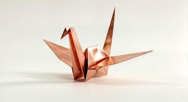 shiny metallic origami crane crafted from gold paper with intricate delicate folds creating a beautifully symmetrical design with a smooth reflective finish against a plain background photo