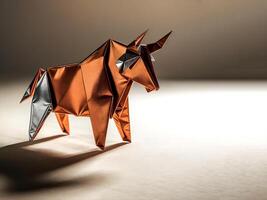 gold metallic origami bull sculpture precisely folded to showcase a powerful sleek design with realistic contours and a modern artistic finish placed against a neutral minimalist backdrop photo