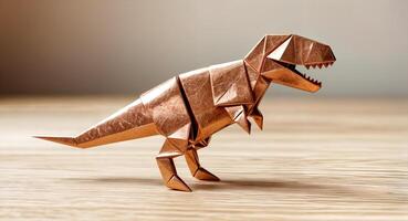 detailed origami t rex dinosaur folded from metallic gold paper featuring sharp geometric folds realistic shaping and a sleek finish placed on a wooden surface against a blurred background photo