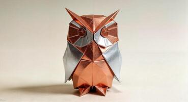 intricately folded metallic origami owl featuring sharp geometric folds in gold copper and silver with reflective surfaces creating a stunning paper art sculpture with a modern and elegant aesthetic photo