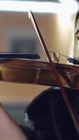 A charming girl with a watch on her hand is playing an instrument against the background of a large building in the evening in the winter. Violin. Close-up. Blurred background. Vertical video