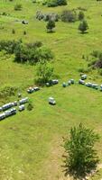 Aerial view of hives in apiary. video