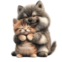 A fluffy dog lovingly hugging a small and adorable kitten tightly png