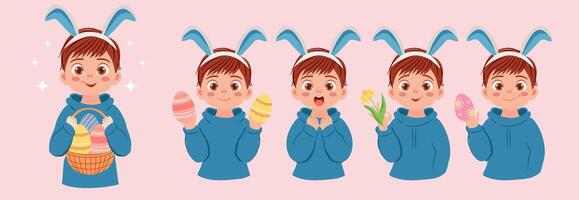 Cute boy with bunny ears. Easter card character with basket of Easter eggs, spring flower. vector