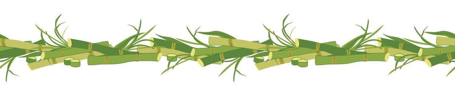 Seamless border of sugar cane with green leaves and yellow stems. pattern for eco products design. Cut out cane shoots in flat style on white background. Ingredient for making sugar, syrup, rum vector