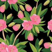 Seamless pattern with pink exotic flowers in flat style on black background. background of Mauritius Trochetia boutoniana. Illustration National symbol of Mauritius. vector