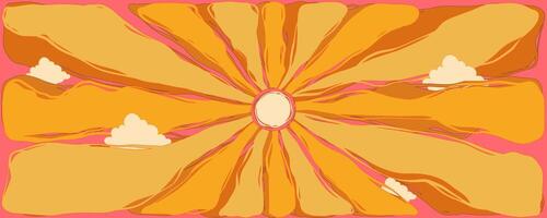 Horizontal Retro Summer Background with Sun and Clouds. Abstract cartoon sunburst in style 60s, 70s style. Vintage sunshine poster vector