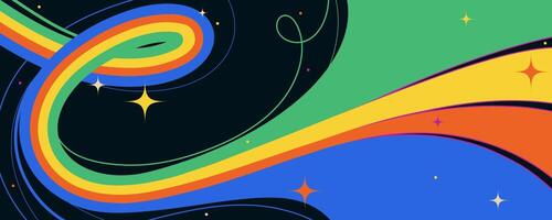 Groovy 90s Horizontal Banner with Abstract Hand Drawn Lines and Simple Stars. Cartoon minimal design with hippie vibes. Perfect for web, print, posters, decor vector
