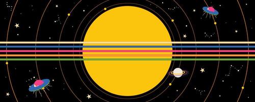 Groovy 90s Horizontal Banner with Sun, Stars and Aliens. Cartoon minimal design with hippie vibes. Perfect for web, print, posters, decor vector