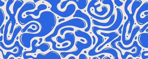 Retro Abstract Seamless Pattern with Liquid Blue Organic Forms. Decorative groovy fluid shapes isolated on white background. Hand drawn geometric bulky lines. Hippie banner vector