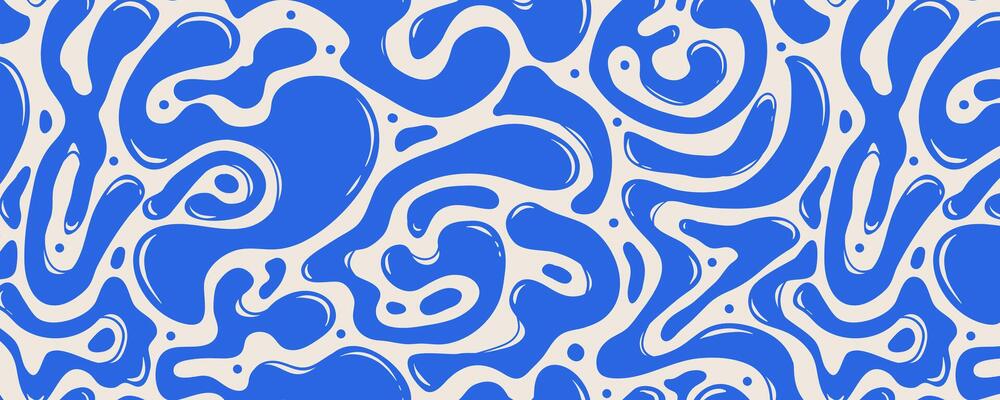 Retro Abstract Seamless Pattern with Liquid Blue Organic Forms. Decorative groovy fluid shapes isolated on white background. Hand drawn geometric bulky lines. Hippie banner