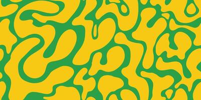 Retro Abstract Seamless Pattern with Liquid Yellow Organic Forms. Decorative groovy fluid shapes isolated on green background. Hand drawn geometric bulky lines. Hippie banner vector
