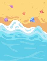 Ocean Waves on Seaside Sandy Beach with Shells. vector