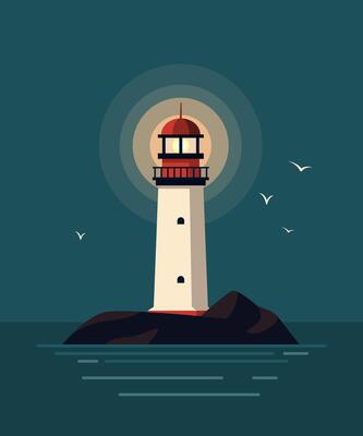 Lighthouse on Rocky Island in Sea, Night Seascape.