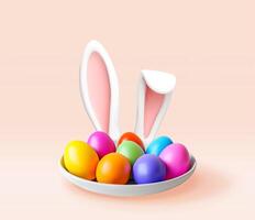 3D colorful easter eggs with bunny ears in plate. Render easter holiday egg and rabbit ear icon. Spring holiday, festive greeting card design. Easter holiday decor element vector