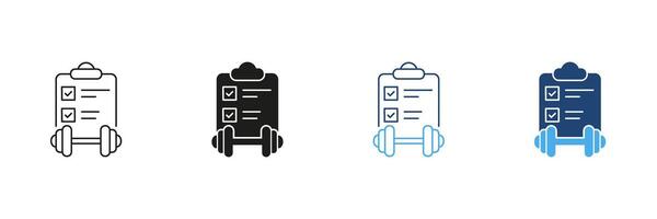 Fitness Plan Line and Silhouette Icon Set. Featuring Clipboard With Checklist And Dumbbell. Weight Loss And Exercise Routine Management. Editable Stroke. Isolated Illustration vector