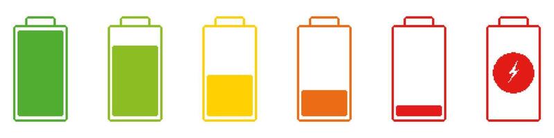 Battery Charge Levels Pixelated Icon Set. Pixel Art Symbol Collection Of Battery Charge Stages With Energy Bars, Charging Indicator. Isolated Illustration vector