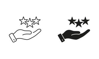 Best Feedback Concept. Positive Review, Good Quality Service Symbol. Hand Holds Stars Line and Silhouette Icon Set. Client Experience. Editable Stroke. Isolated Illustration vector