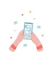 A hand holds a phone featuring a chat application. Another hand grips smartphone displaying digital messaging. Engaging in online conversation, social interaction concept, flat design, promotional vector