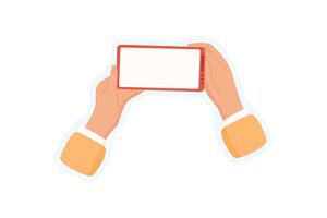 Sticker of hand hold phone. Graphic of user holding smartphone. Digital application displays mobile context, friendly visual style. Ideal for social media, online messaging, and promotion. vector