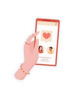 A hand holds a phone. A smartphone displays a social app on its screen. Digital media, play with chat options, and engage users online in sticker format. vector