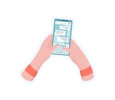 Sticker of hand holding phone. Image of smartphone with app for message and chat. Digital device, cool design, ideal for social media communication and online usage. vector
