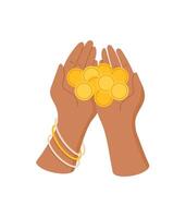 Female hand holds gold coins sticker. Gesture of money exchange. Flat style illustration, visual element for finance concepts, ideal for business and economy related projects. vector