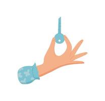 Key holding hand icon. Gesture of giving and taking a key. Human character with a flat style, ideal for graphic designs, digital projects, or visual communication. vector