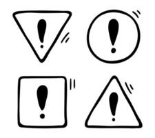 Doodle exclamation mark, notification bell, alert danger information sign set. Scribble line black hand drawn exclamation point, stop warning sign in circle, square, triangle form vector