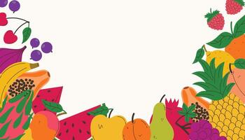 Bright summer harvest frame with fruits and berries. Summer juicy card or poster with watermelon and pineapple, banana and cherry. vector