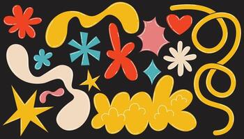 A vibrant abstract poster of various geometric and organic shapes on a black background. The playful design includes stars, squiggles, heart and other elements, modern aesthetic. vector