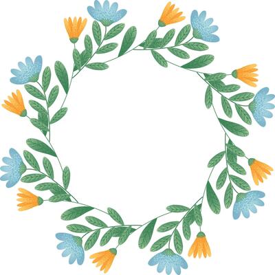 Floral Wreath with Yellow and Blue Flowers. Floral border featuring yellow and blue flowers with green leaves forming a circular pattern. For wedding invitation, greeting card.