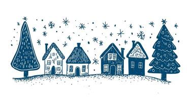 Christmas houses with tree blue on white vector