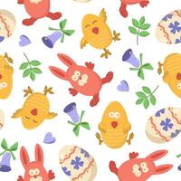 seamless pattern with Easter bunnies, chicks and eggs. Easter egg hunt invitation template on white background. Wallpaper and packaging design. vector