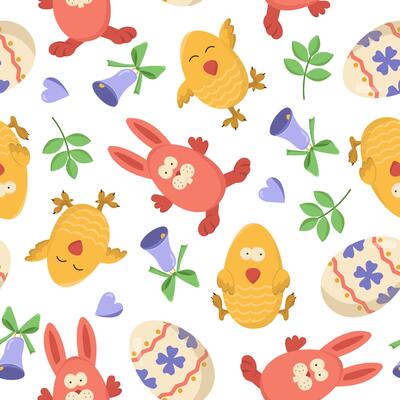 seamless pattern with Easter bunnies, chicks and eggs. Easter egg hunt invitation template on white background. Wallpaper and packaging design.