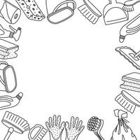 frame with cleaning items and space for text. Card with objects for sanitation in doodle style. vector