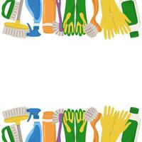 colored frame with attributes for house cleaning. Card with items for sanitation and copy space. vector