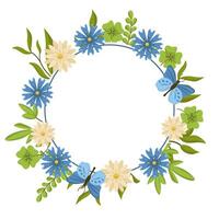 wreath with flowers and butterflies. Spring botanical illustration for cards and invitations with space for text. vector
